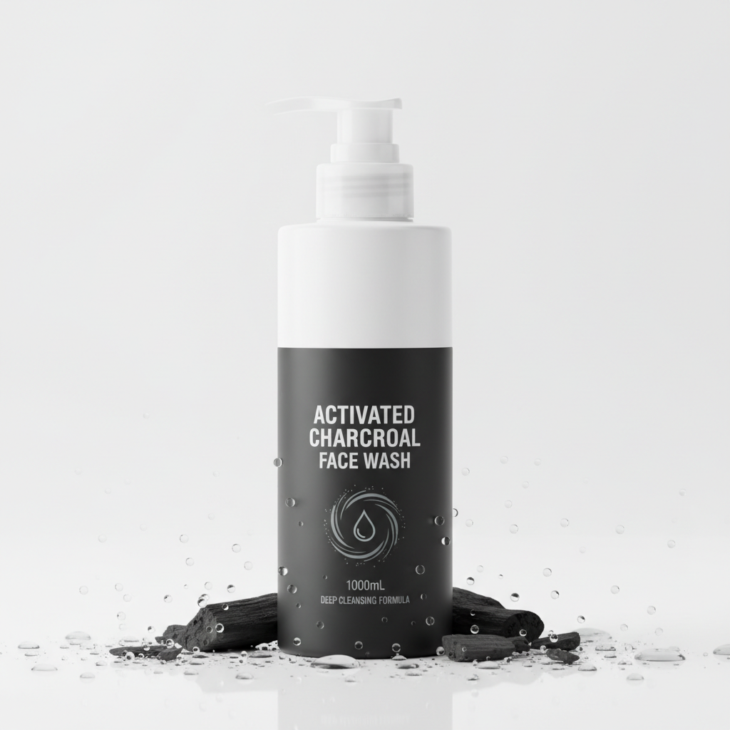 1 liter gentle charcoal face wash bottle with activated charcoal pieces