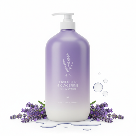 5 liter lavender and glycerine body wash bottle with lavender sprigs
